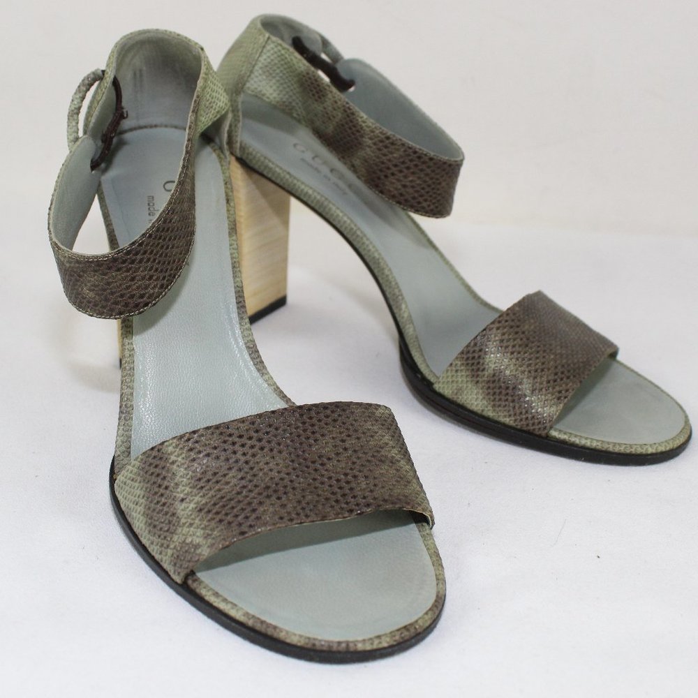 Gucci Olive Green Snake-Embossed Leather Block Heel Sandals